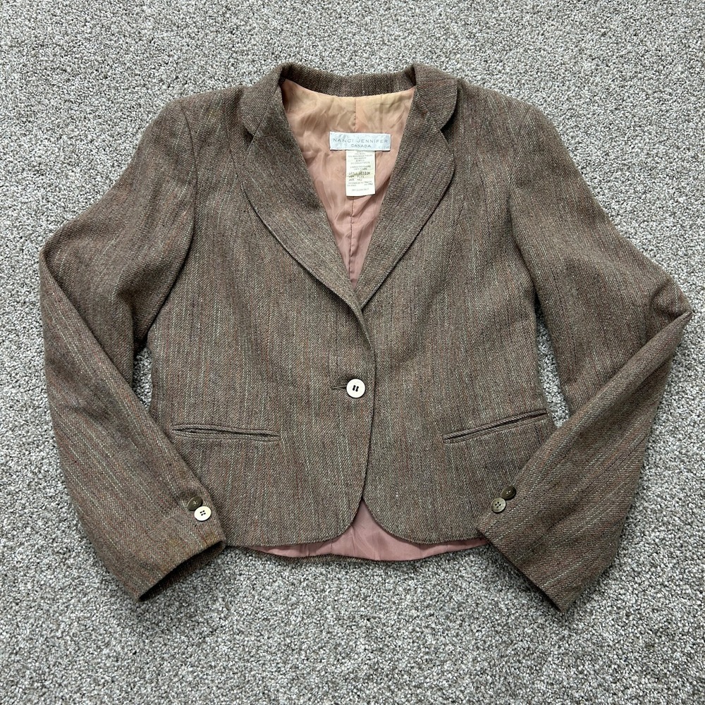 Nanci Jennifer Blazer Jacket Juniors 11/12 Brown Tweed Pinstripe Lined Career